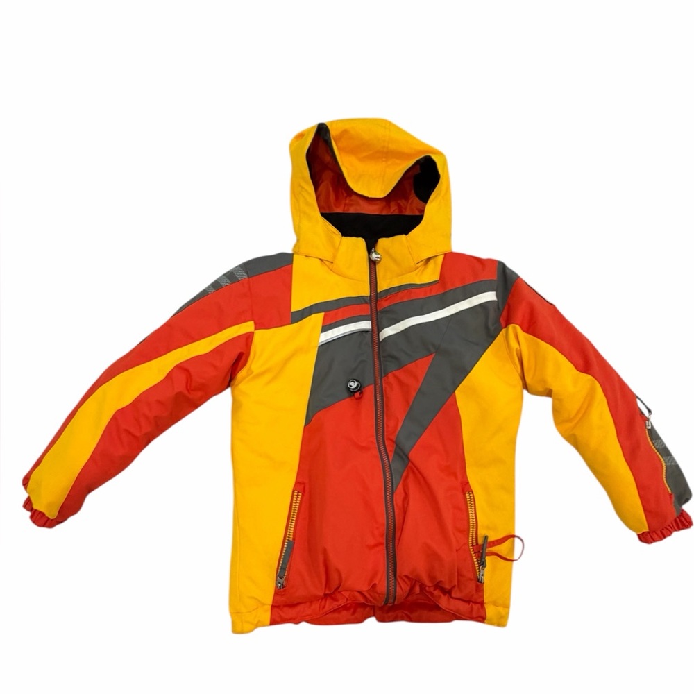 OBERMEYER | Kids Super G Insulated Ski Jacket in red, yellow colorway size 8
